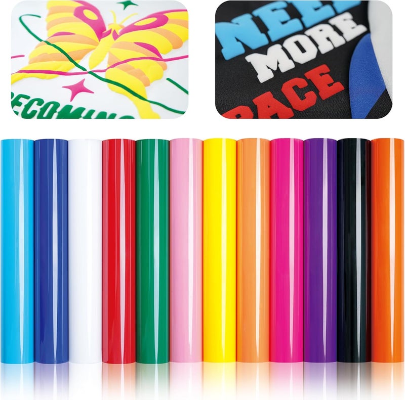 HTVJOYDO 12Pcs Puff Vinyl Heat Transfer, 12x10Inch Assorted Colors 3D Puff HTV, DIY Iron-on Vinyl for T-Shirts, Easy to Cut and Weed, Compatible with Cricut or Cameo (12 Colors Puff) - Image 1